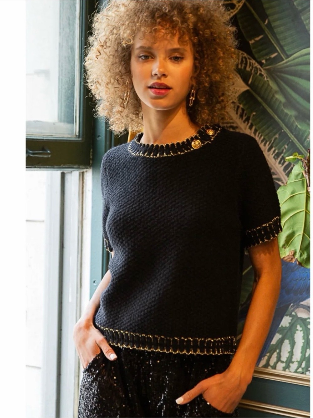 POL Black Short-Sleeve Knit Top with Gold Chain Trim